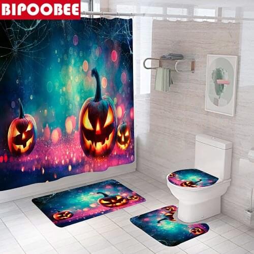 Happy Halloween Scary Pumpkin Shower Curtain Bathroom Curtains Night Pumpkins Printed Bath Mats Toilet Lid Cover Non-Slip Rugs