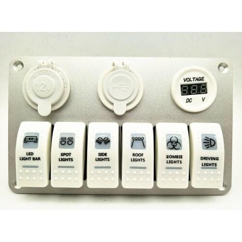 12V 6 Gang Car Marine Boat RV Rocker Switch Panel White Voltmeter USB Charger power socket