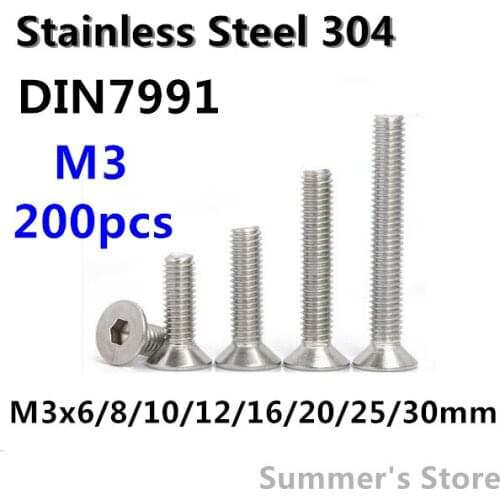 200pcs/lot DIN7991 M3 Stainless Steel Hex Socket Flat Head Cap Screw M3*6/8/10/12/16/20/25/30mm Countersunk Head Screw Bolt