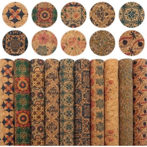 20x33cm 10PCS Mixed Vintage Printed Cork Fabric DIY Patchwork Handmade DIY Sewing Clothes Bags Materials Accessories