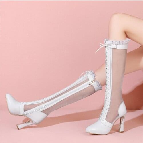 Thigh High Boots Women Lace Up Genuine Leather High Heel Gladiator Sandals Female Summer Pointed Toe Pumps Shoes Casual Shoes