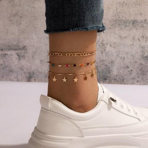 Docona 3pcs/sets Colorful Dripping Oil Heart Foot Chain Charms Gold Alloy Metal Geometric Star Tassel Anklets for Women Jewelry