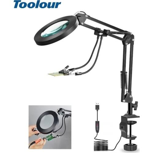 Toolour Soldering Helping Hand 2PC Flexible Arms Stand With 5X Magnifier USB Lamp for Welding Repair IlluminationThird Hand Tool