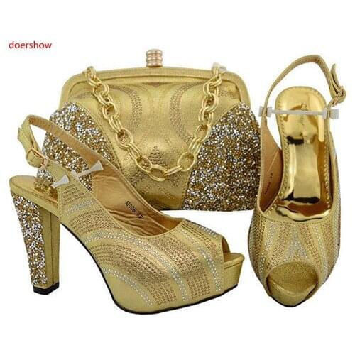 Doershow newgold Matching Women Shoes and Bag Set Decorated with Rhinestone African Wedding Shoes and Bag Set Italy Shoe SGF1-39
