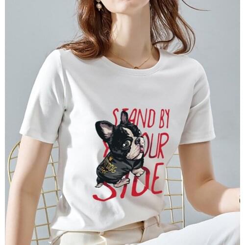 Womens T-shirt Street Fashion Casual Commuter Cute Puppy Dog Pattern Printed O-Neck Slim Ladies Comfortable Breathable Soft Top