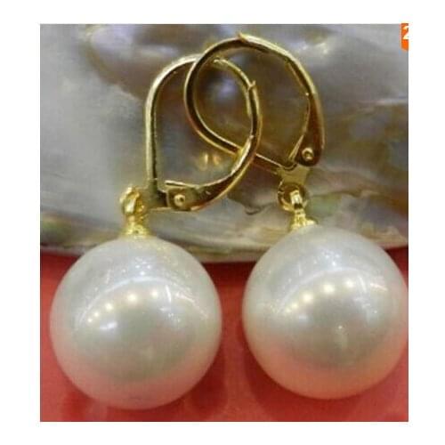 Beautiful 14mm White Shell Pearl Round Beads Earrings AAA Grade v02>Lovely Fine Nobility Ladys Womens Earrings