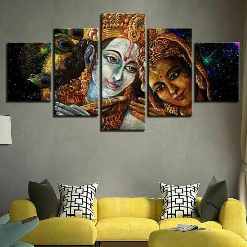 Krishna Vishnu Hindu Religious God 5 Panel Canvas Picture Print Wall Art Canvas Painting Wall Decor for Living Room No Framed
