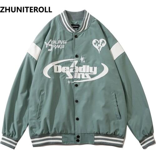 Embroidery Letter Heart Graphics Bomber Jacket Men Hip Hop Harajuku High Street Baseball Coats Streetwear Black Tops Clothing