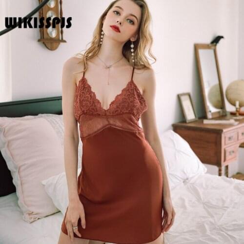 WIKISSPJS Summer Lace Nightgown Open Back Pajama Girl Night Dress Women Sexy Sleepwear Pink Nightgown Sleeveless Solid