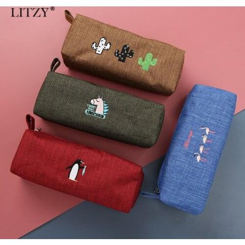 LITZY Kawaii Embroidery Pencil Case Unicorn Cactus High Capacity Pencil Bag School Cute Storage Bag Office Stationery Supplies