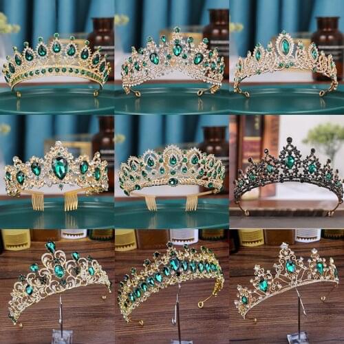 Trendy Green Crystal Rhinestone Baroque Vintage Tiara And Crowns For Queen Princess Bridal Wedding Hair Accessories Gift Jewelry