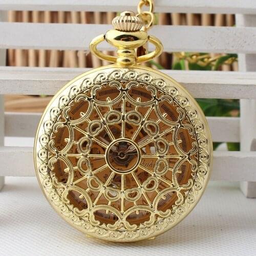 DHL Shipping Gold Spider Web Skeleton Mechanical Roman Dial Pocket Watch with Chain Men Women Pocket Watches 10pcs/lot