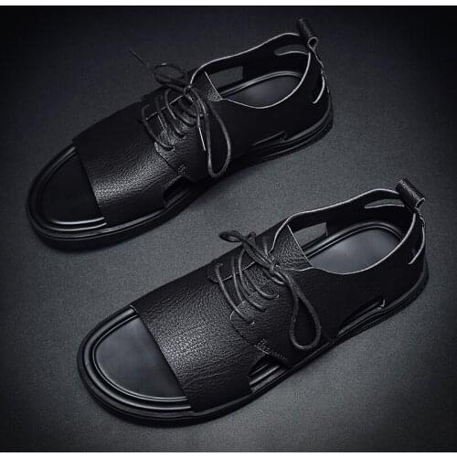 Men sandals leather new 2020 genuine shoes outdoor summer beach walking roman split flat handmade black male vietnam breathable
