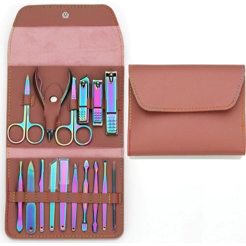 Magic Colorful Nail Clipper Set 16pcs/set Rose Red Nail Tools Manicure Tool Set with PU Leather Folding Bag