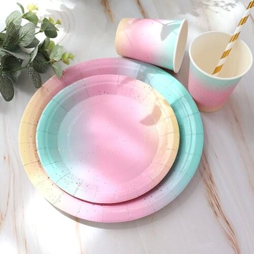 Gradient color disposable tableware set banquet table decoration paper cup dinner plate straw wedding birthday party supplies