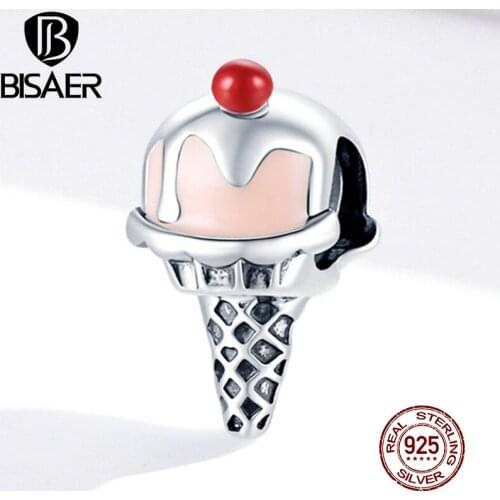 BISAER Pink ice cream Beads 925 Sterling Silver Red Cherries Charms Summer Pendant Fit Bracelet Necklace Jewelry ECC1533