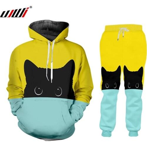 UJWI Cute Design Cat 3D Print Mens Winter Jackets Suit Sports Button T-shirt Pants Two Piece Outfits Tracksuit Men/women Set