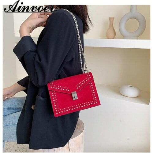Ainvoev Autumn Winter New Texture Female Bag 2021 Popular Chain Rivet Small Square Messenger Bag Korean Frosted Simple Handbags