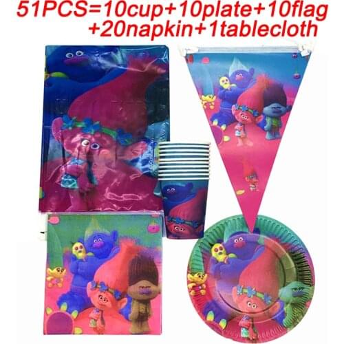 Trolls Theme Birthday Party Decorations Banner Flags Baby Shower Trolls Party Cup Plate Disposable Party Supplies Tablecloth