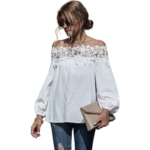 2021 Spring Womens Lace Stitching Sexy Slash-neck Puff Sleeve French style Blouse Strapless