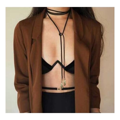 Harajuku Vintage Alloy Leaves Pendant Feather Pendant Black Velvet Leather rope Adjustable Neck Chain Necklace Sweater Chain