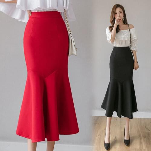 Spring Autumn Women Fashion Office Lady Ruffle Black Maxi Skirt Solid Elasticity High Waist Fishtail Long Skirts Jupe Femme Y911