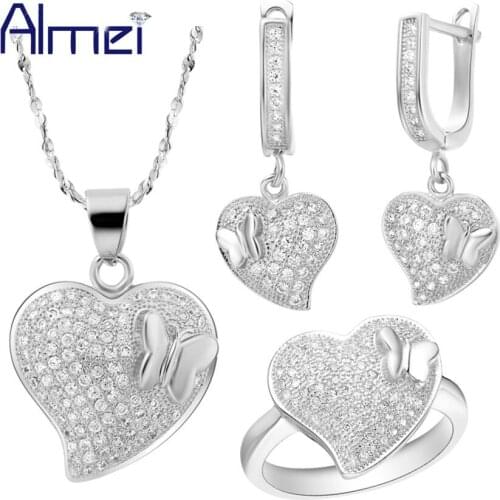 Almei Jewellery Silver Jewellery Sets Necklace Wedding for Brides Butterfly Earrings Heart Ring Bijouterie Fashion Women T128