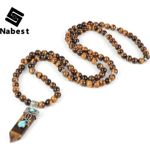 Women Men Natural Stone Tiger Eye Turquoises Opal Quartz Necklace 108 Male Beaded Stand Reiki Hexagonal Pendant 8mm Bead Jewelry