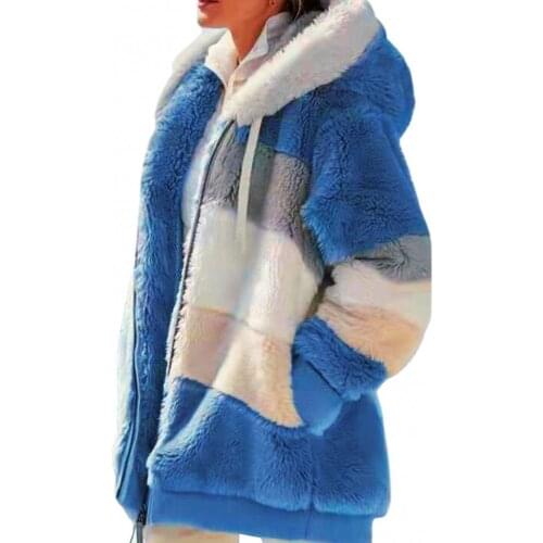 Women Autumn Winter Long Sleeve Color Block Zipper Fluff Hooded Warm Coat Jacket