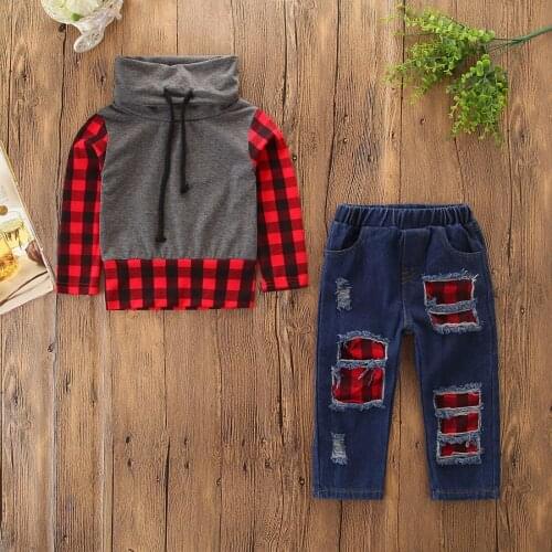2pcs Toddler Kids Baby Boy clothes cotton Plaid Tops T-Shirt Denim Jeans Pants Outfits Clothes
