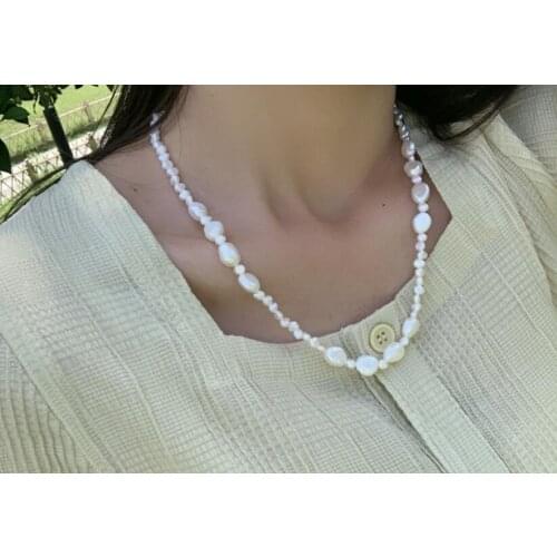 6mm flat beads 10mm white baroque pearl mixed necklace natural Freshwater PEARL Women Jewelry 42cm 17inch