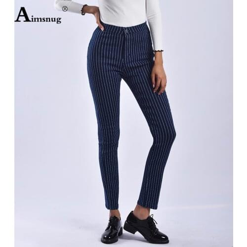 Aimsnug Fashion Streetwear Striped Blue High Waist Denim Pants 2019 Autumn Winter Womens Jeans Trousers Female pencil pants