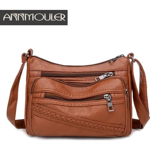 Annmouler New Women Handbag Pu Leather Brown Shoulder Bag Soft Leather Crossbody Bag Pockets Messenger Bag for Girl Purse