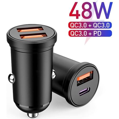 Mini USB Car Charger Quick Charge 4.0 PD 3.0 48W Fast Charging Charger For iPhone 12 Pro 11 Huawei Xiaomi Mi Type C Mobile Phone