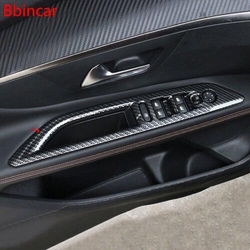Bbincar ABS Carbon Fiber Door Armrest Window Lifter Trim Covers Sticker Auto Accessories LHD 4Pcs For Peugeot 3008 GT 2017 2018