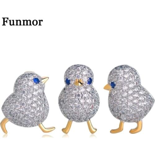 Funmor Luxury Full Zircon Three Birds Brooch Gold Color Small Suits Dress Hat Collar Copper Brooch Pins Animal Scarf Buckle Gift