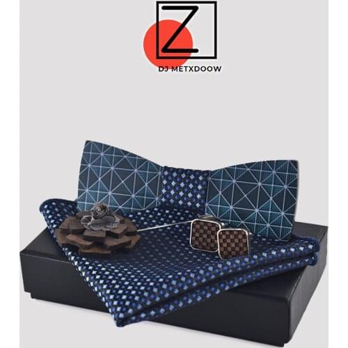 Wood Bow Ties for Mens Wedding Suits Printing Wooden Bow Tie Butterfly Shape Cufflink Bowknots Set Corbatas Para Hombre