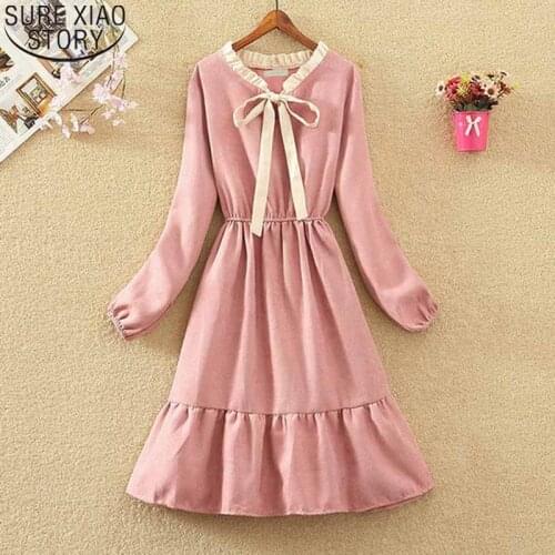 Elegant A-line Dresses french style sweet bow dress women High Waist long dress Ruffles female fall Long Sleeve midi Dress 12069