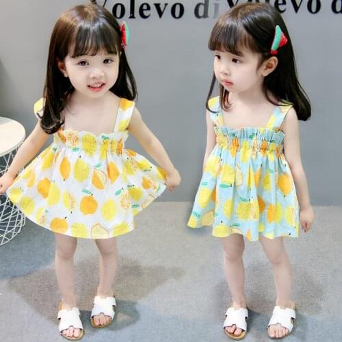 Girls cotton lemon tube top strap dress girls summer dress beach dress sweet Korean style baby girls princess dress clothes