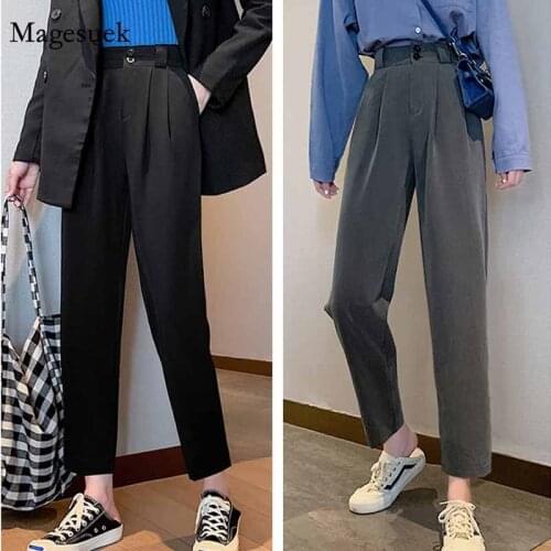 Korean OL Women Suit Pants Spring Autumn Thin Solid Black Trouser Thin Button Plus Size Professional Straight Loose Pants 12110