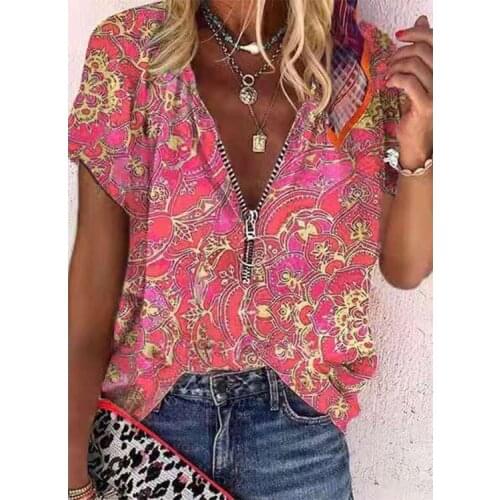 Summer Zipper V Neck Blouse Top Women Print Shirts Short Sleeve Top Ladies Casual Womens Blouses Top Loose Pullover