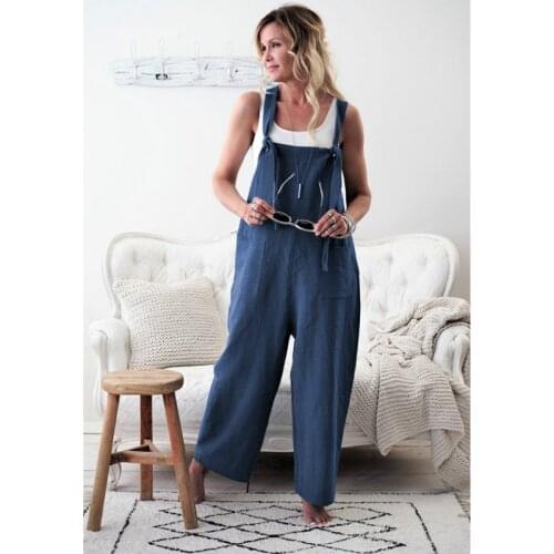 Fashion Women Overalls Casual Loose Cotton Linen Lace-up Pocketed Overalls Wide Leg Long Pants