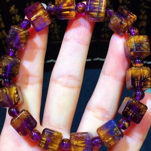 Genuine Natural Cacoxenite Auralite 23 Purple Rutilated Quartz Bracelet 10.5mm Clear Round Cube Beads Bangle Women Men AAAAAA