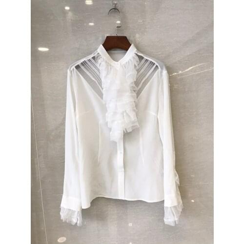 New ladies fashion 2021 long sleeve sexy casual solid color ruffled stand collar shirt 0106