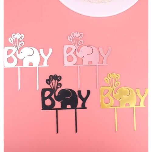 New Cartoon Elephant Happy Birthday Cake Topper Golden Boy and girl Acrylic Cupcake topper for Baby Shower Cake Decorations gift