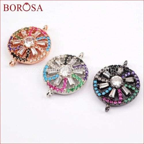 BOROSA Wholesale CZ Micro Pave Rainbow Zircon Metal Round Crystal Connector Beads Double Bails High Quality CZ Connector WX768