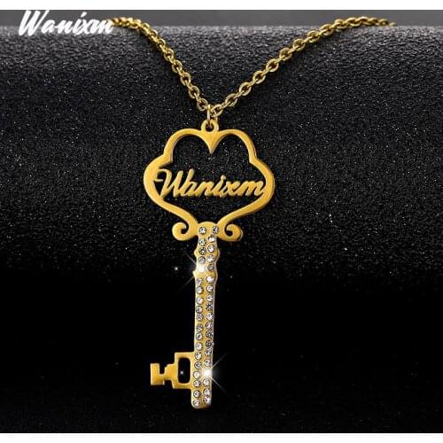 Customized Name Necklace CZ Zircon Personalized Letter Gold Key Choker Necklace Pendant Women Stainless Steel Nameplate Jewelry