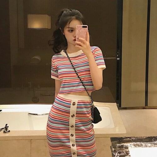 Spring Women Sweet Knit Elastic Dress Office Lady Slim Striped Pencil Bodycon Grace Suit Dresses Female Short Sleeve 2 Pieces