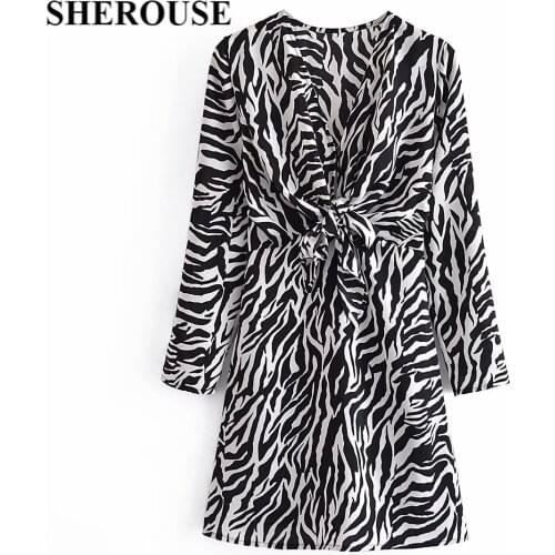 SHEROUSE Women Fashion Zebra Striped Dress with Knot Casual Long Sleeves V-neck Chic Lady Vintage Mini Short Dresses Woman