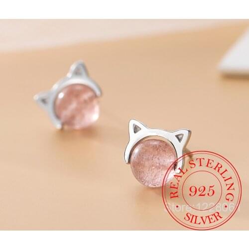 925 Sterling Silver Pink Crystal Cat Stud Earrings For Women Grils Wedding Gift Female Accesorios pendientes mujer moda